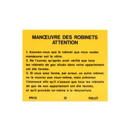 Plaque réglementaire manœuvre des robinets attention