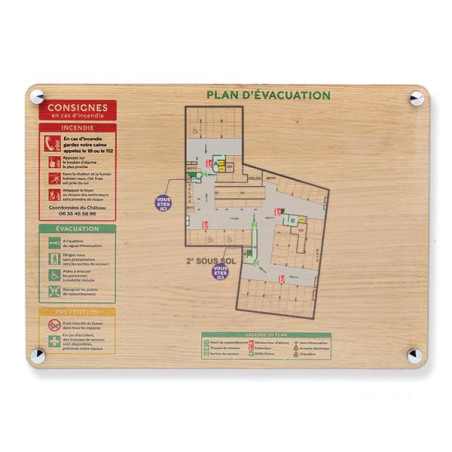 Sécurité incendie Plan d'évacuation ou d'intervention impression sur bois