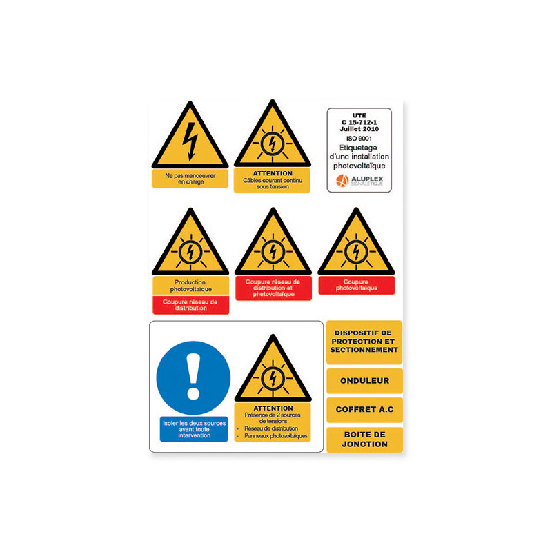 Planche d'étiquettes pour installation photovoltaïque