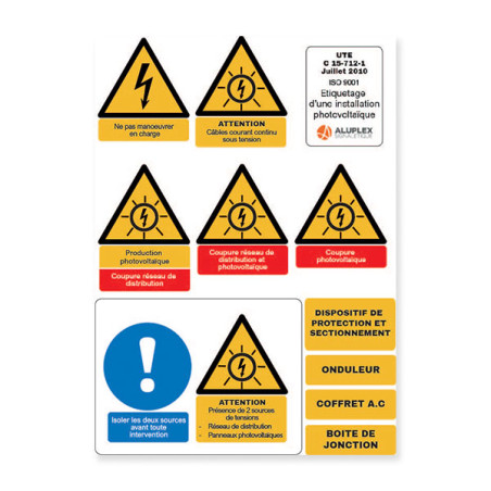 Planche d'étiquettes pour installation photovoltaïque