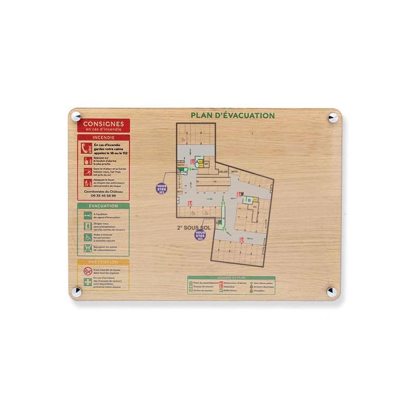 Sécurité incendie Plan d'évacuation ou d'intervention impression sur bois