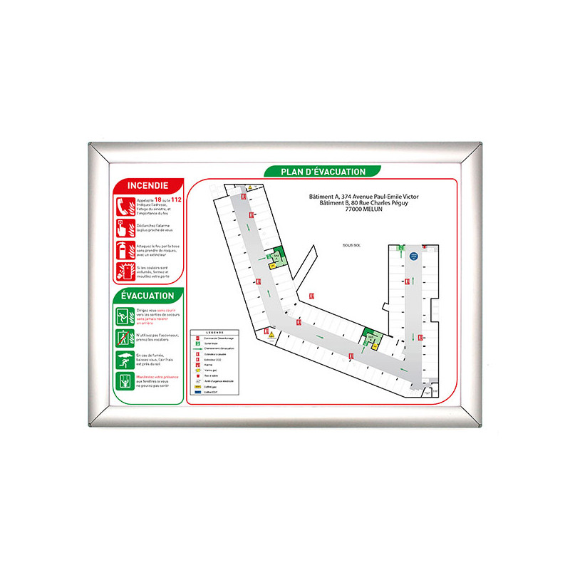 Sécurité incendie Plan d'évacuation avec cadre aluminium