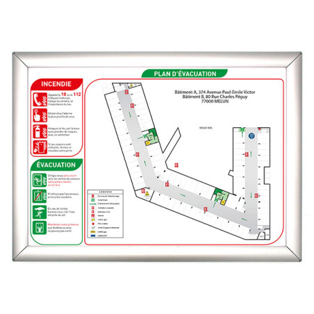 Sécurité incendie Plan d'évacuation avec cadre aluminium