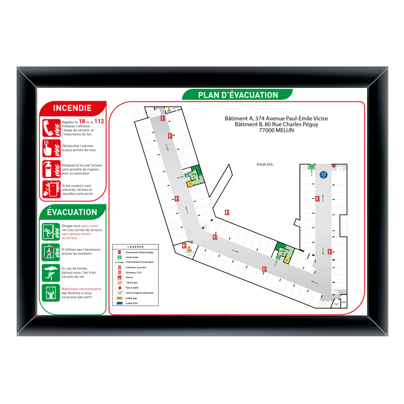 Sécurité incendie Plan d'évacuation avec cadre noir