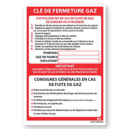 Panneau consigne  Clé de fermeture gaz M2