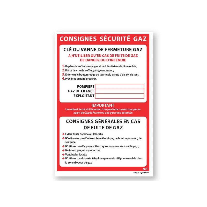 Panneau consigne Consigne de sécurité gaz M1