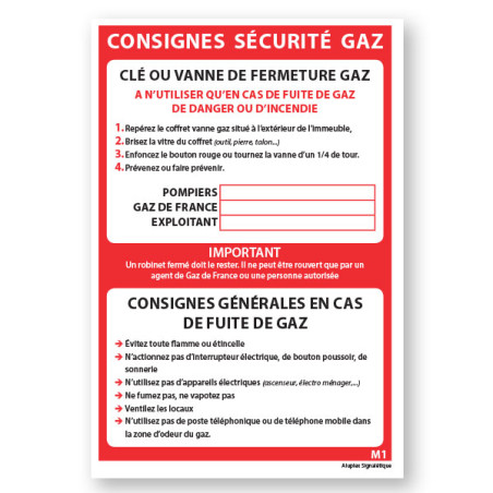 Panneau consigne  Consigne de sécurité gaz M1