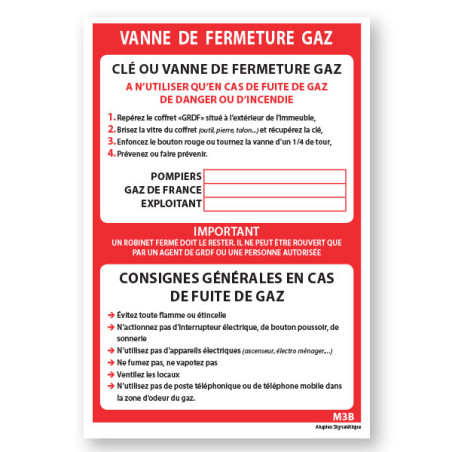 Panneau consigne Vanne de fermeture gaz M3B