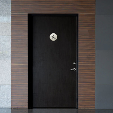 Plaque de porte aluminium brossé :  Toilettes accès fauteuil roulant PMR (typo marqueur)
