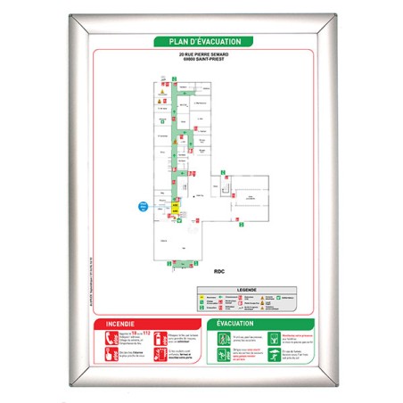 Sécurité incendie Plan d'évacuation avec cadre aluminium