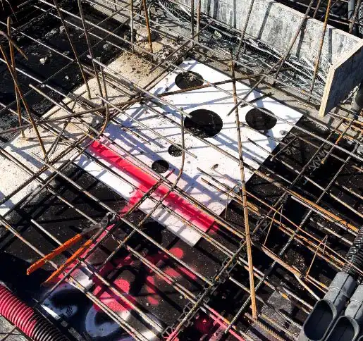 Gabarit de pose de gaine technique en Forex blanc positionné sur plancher OSB avant ferraillage et coulage de dalle béton