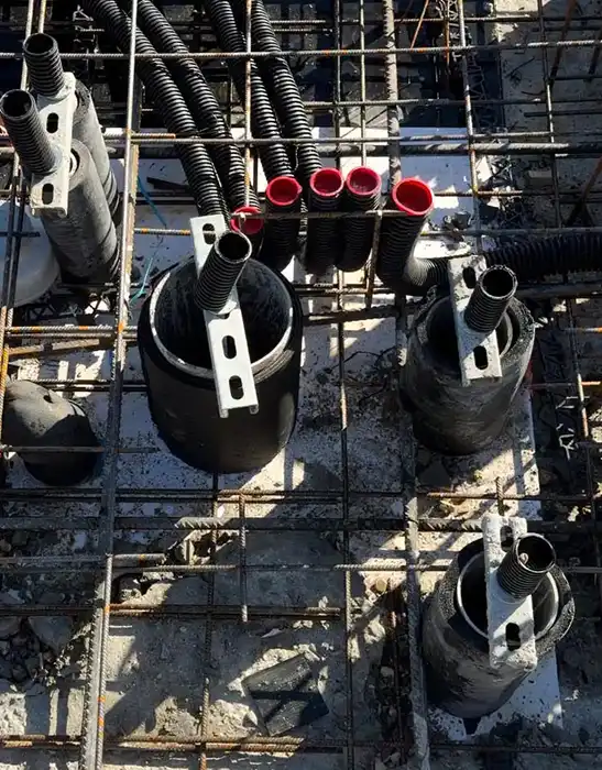 Fourreaux EU EV ECS EP VMC insérés dans les réservations du gabarit de pose Aluplex avant coulage de dalle