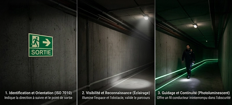 Comparatif panneau ISO 7010, éclairage de sécurité et balisage photoluminescent sur un parcours d'évacuation en ERP