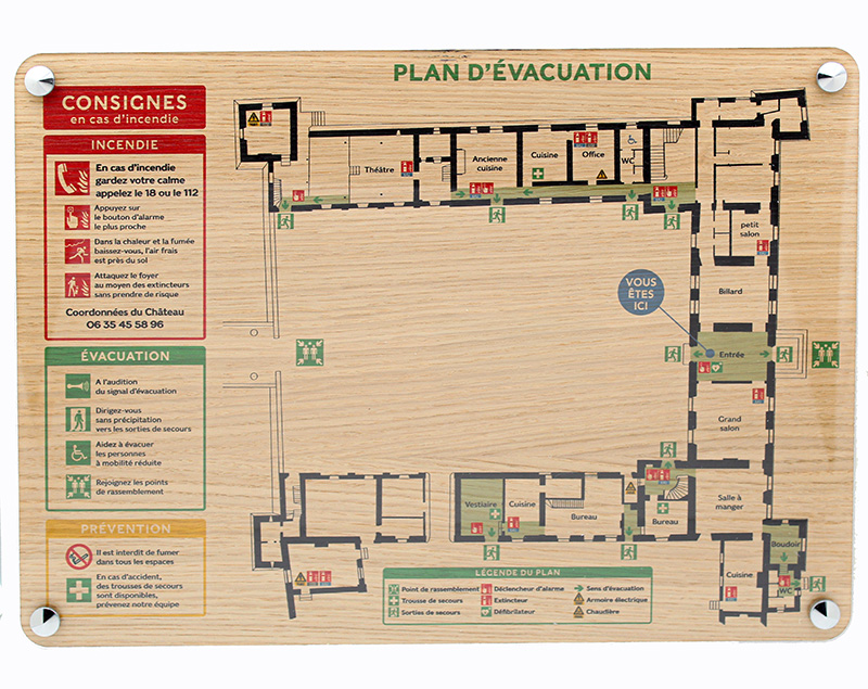 plan d'évacuation sur bois