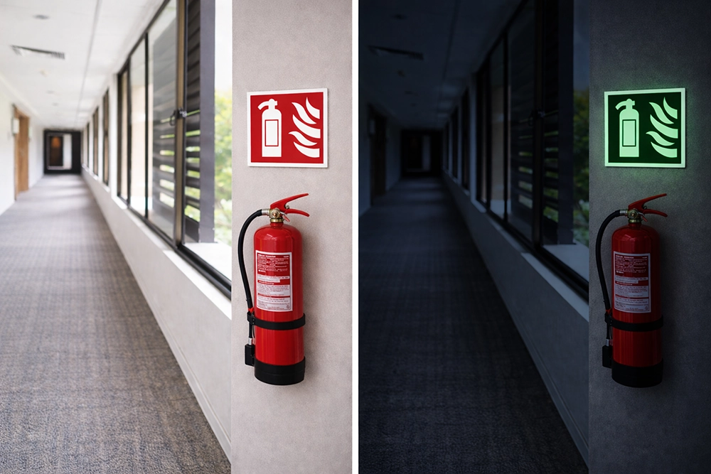 Signalétique photoluminescente extincteur ISO 7010 pour repérage rapide en sécurité incendie ERP