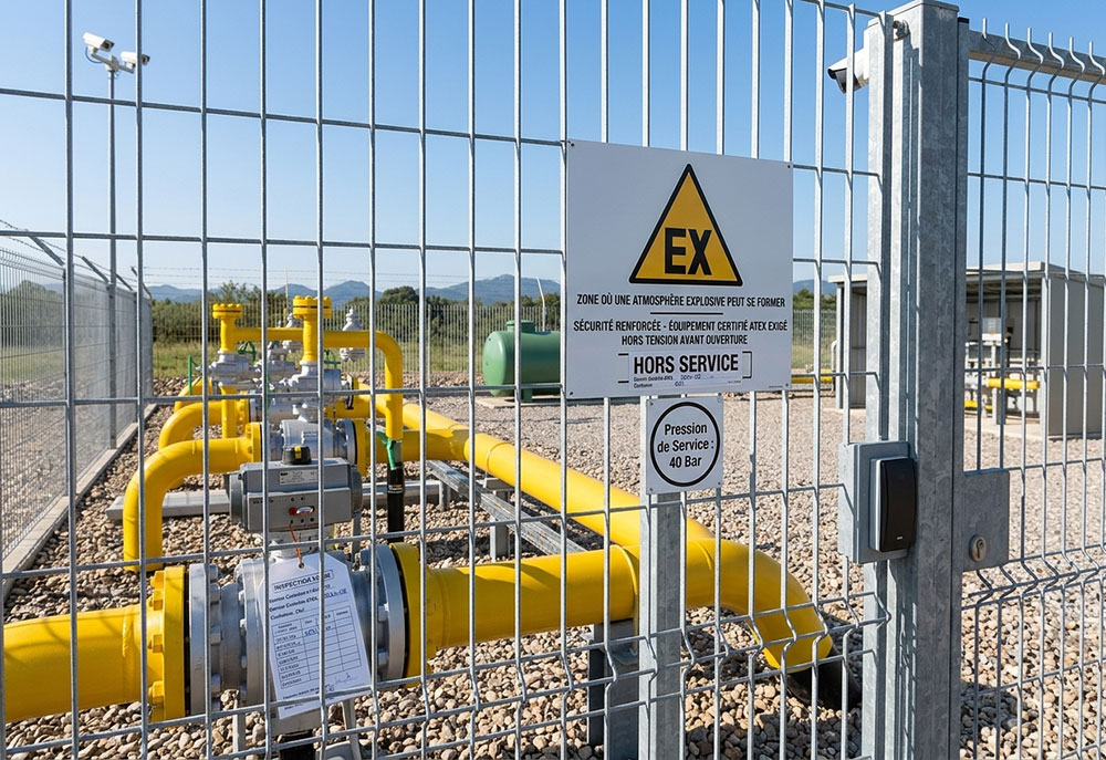 Panneau ATEX EX signalant une zone à atmosphère explosible sur une installation gaz sous pression